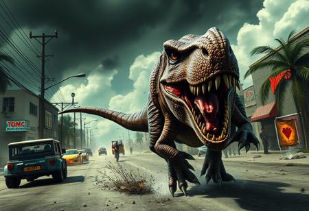 Photorealistic, Photograph of a T-rex rampaging through the streets of florida, massacre, chaos, realistic, highly detailed
