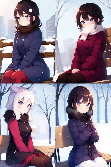 1girl, sitting on bench, outside, snowing , winter , ColourfulCartoon,  <lora:ColourfulCartoon-14:0.6>