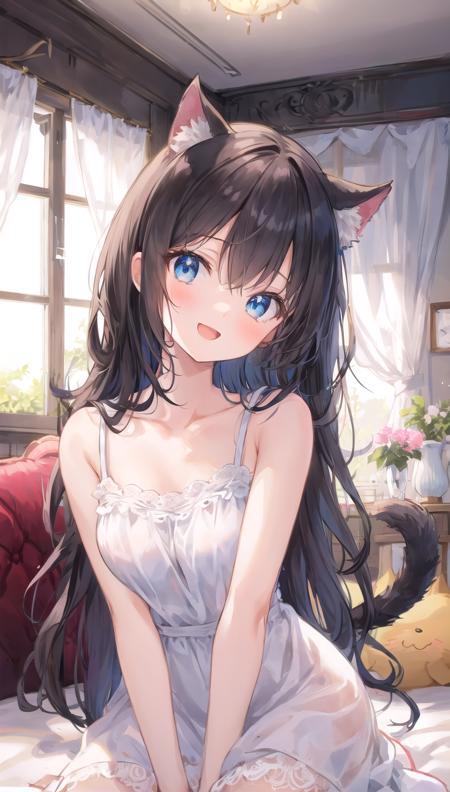 beautiful illustration, best quality, cute girl, black long hair, cat ears, blue eyes, happy, white sundress, lace, sleeveless, collarbone, indoor, head tilt