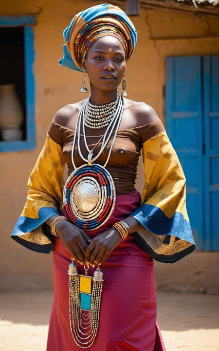 (style of Seydou Keïta), [Nubian:West African:0.5] theme, a majestic young Nubian woman standing proudly in a vibrant West African setting, adorned in ((luxurious traditional attire)), floor-length gown rich in geometric patterns and bold colors, wide sleeves, intricately beaded bodice, layered necklaces made of gold and precious stones, a headwrap with elaborate folds, showcasing the richness of West African textiles, her skin glowing, adorned with subtle traditional face paint highlighting her features, gold hoop earrings, her posture regal, a blend of cultural heritage and contemporary elegance, the background a lively market scene, colorful stalls displaying an array of fabrics and crafts, warm, golden sunlight casting long shadows, creating a harmonious interplay of light and color, a bustling atmosphere yet she remains the undoubted focal point, her gaze powerful and serene, embodying the essence of Nubian grace and West African vibrance