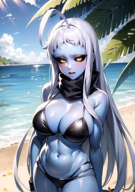 masterpiece, best quality, detailed, 1girl, perfect face, (blue skin:1.1), (colored skin:1.1), detailed eyes, (black sclera:1.2), white hair, long hair, (yellow eyes:1.0), (huge ahoge:1.2), (lalamon:1.3), black scarf, black bikini, sund, blue skiy, sun rays, ocean, lighting, (medium breasts:1.1), solo, standing, on beach, outdoors,  <lora:lala:0.75>     <lyco:black_sclera:0.15>