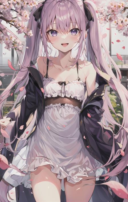 1girl, twintails, bangs, bare_shoulders, blush, bow, branch, breasts, cherry_blossoms, collarbone, day, dress, eyebrows_visible_through_hair, falling_petals, flower, frilled_dress, frills, from_below, hair_between_eyes, hanami, jacket, leaves_in_wind, long_sleeves, looking_at_viewer, off_shoulder, open_clothes, open_jacket, open_mouth, outdoors, parted_lips, petals, petals_on_liquid, pink_flower, pink_hair, purple_eyes, ribbon, rose_petals, sidelocks, small_breasts, smile, solo, spring_\(season\), thighs, tree, two_side_up, very_long_hair, white_dress  <lora:style_kedamaa:0.8>