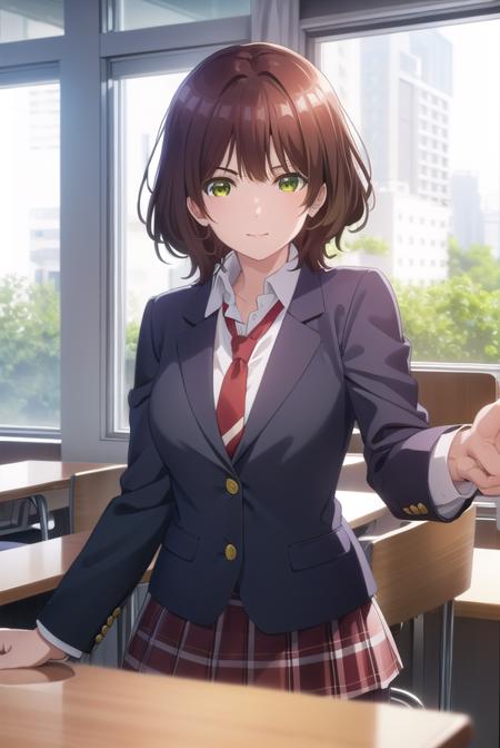 aoihinami, <lora:aoi hinami s1-lora-nochekaiser:1>,
aoi hinami, short hair, bangs, brown hair, (green eyes:1.5), smile,
BREAK skirt, shirt, long sleeves, school uniform, jacket, white shirt, pleated skirt, necktie, collared shirt, plaid, plaid skirt, blazer, red necktie,
BREAK indoors, classroom,
BREAK looking at viewer,
BREAK <lyco:GoodHands-beta2:1>, (masterpiece:1.2), best quality, high resolution, unity 8k wallpaper, (illustration:0.8), (beautiful detailed eyes:1.6), extremely detailed face, perfect lighting, extremely detailed CG, (perfect hands, perfect anatomy),