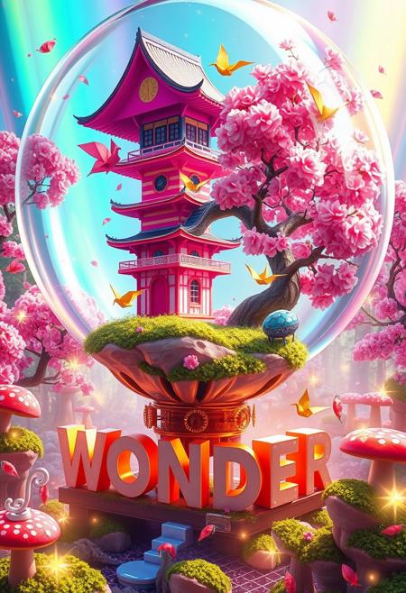 Behold a dazzling digital dreamscape where reality bends and imagination soars! At its heart, a colossal soap bubble gleams with iridescent rainbows. Inside, a topsy-turvy Japanese pagoda floats, its candy-striped silk walls and golden origami cranes cascading from the roof.
Perched atop a floating island of neon-green grass, surrounded by cherry blossom trees with cotton candy blooms, the scene is alive with swirling pink petals. A cheeky bonsai tree with a kaleidoscope of leaves grins widely, while firefly fairies flit about.
The bubble rests on a contraption of polished copper and glowing gemstones, teetering on oversized moss-covered blocks spelling "WONDER." A moat of liquid starlight encircles the scene with leaping origami koi fish, set against a backdrop of an enchanted forest with ice cream tree trunks and giant mushrooms. Prismatic light shafts reveal mischievous cloud sheep in a sky shifting from bubblegum pink to electric blue. The entire composition pops with a riot of electric purples, lime greens, sunset oranges, and cerulean blues.