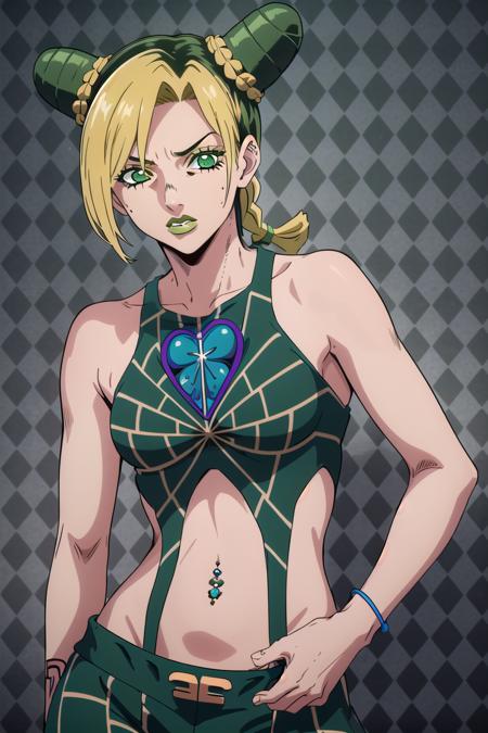 jolyne,  1girl,  solo,  blonde hair,  black hair,  jewelry,  green eyes,  green hair,  midriff,  piercing,  navel piercing,  argyle background,  main outfit,  detailed,<lora:EMS-260993-EMS:0.800000>