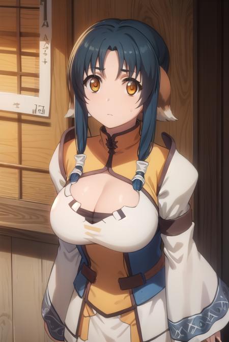 atui, long hair, (brown eyes:1.5), blue hair, hair tubes, (parted bangs:1.5), dog ears, animal ears, cleavage, cleavage cutout, long sleeves, wide sleeves, armor, shoulder armor,