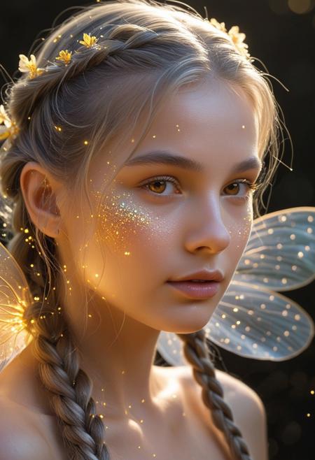 1girl, head‑and‑shoulders shot, fairy queen with translucent iridescent wings fanning behind her, flowering tendrils of luminous golden pollen drifting across her face, hair braided with glowing petals, warm ethereal light casting gentle highlights on her cheekbones.