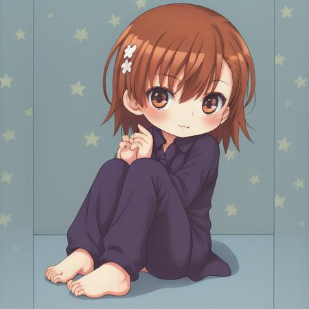 <lora:misaka_mikoto:0.7> (chibi:1.5), 1girl,solo, misaka_mikoto, cute,Starry Eyes,feet