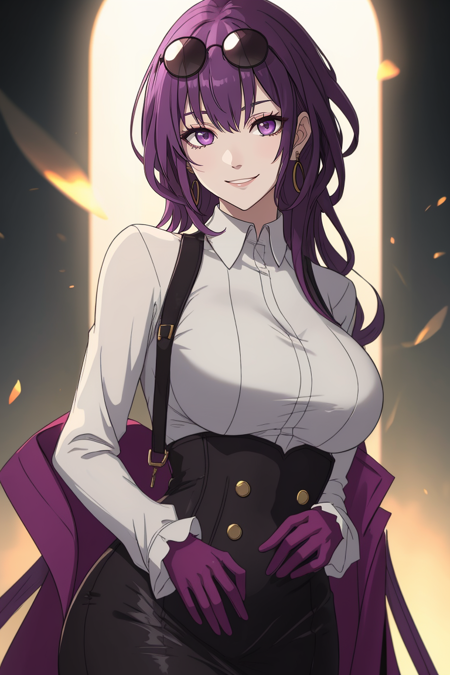 <lora:Kafka-01:1>, kafka, purple eyes, purple hair, long hair, looking at viewer, smile, shirt, gloves, long sleeves, jewelry, jacket, white shirt, earrings, (large breasts:1.6), sunglasses, eyewear on head