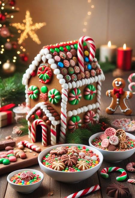 CHRC4ND7, cozy kitchen scene where Christmas cookies and candy are being made. Bowls of sprinkles, melted chocolate, and candy canes are scattered on the table, and a gingerbread house in progress stands in the center, surrounded by holiday cheer<lora:Christmas_Candy:1>