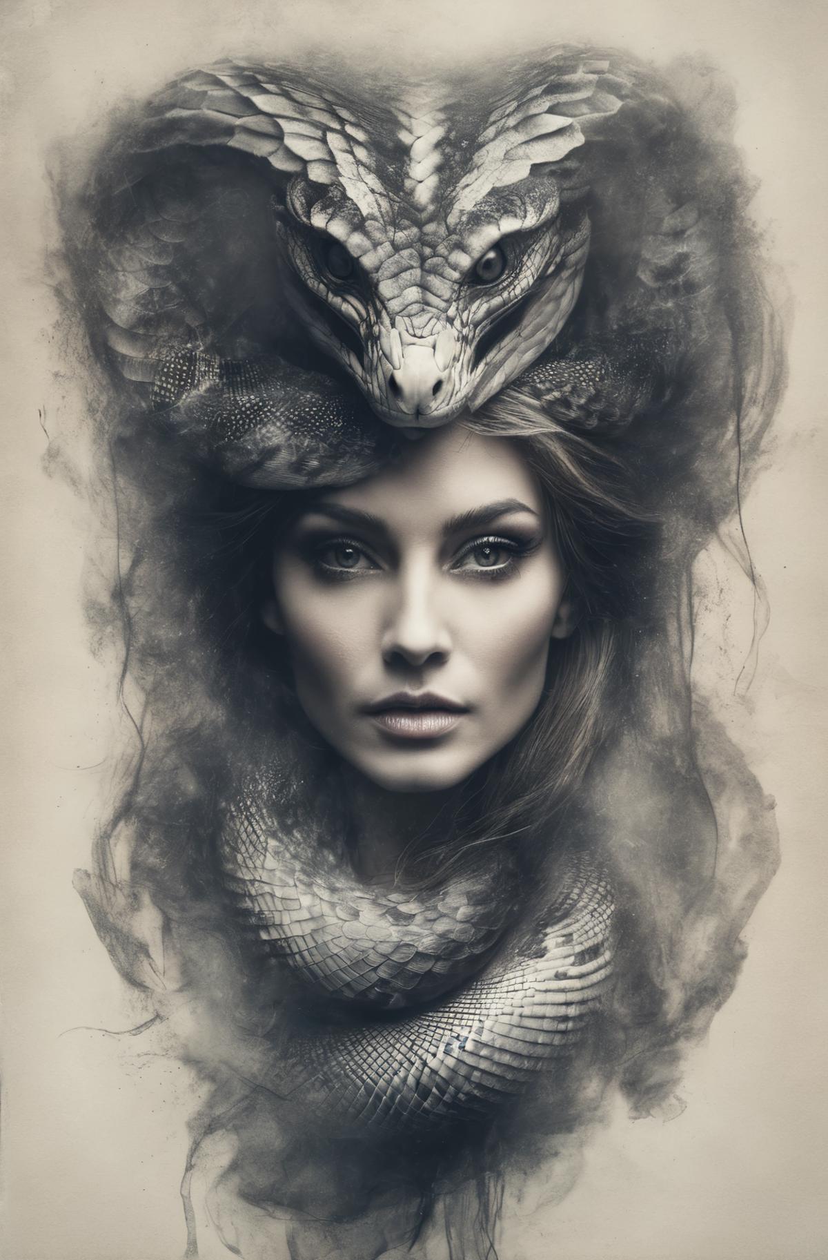 Woman with a snake on her head, wearing a snake as a hat, and surrounded by a snake.