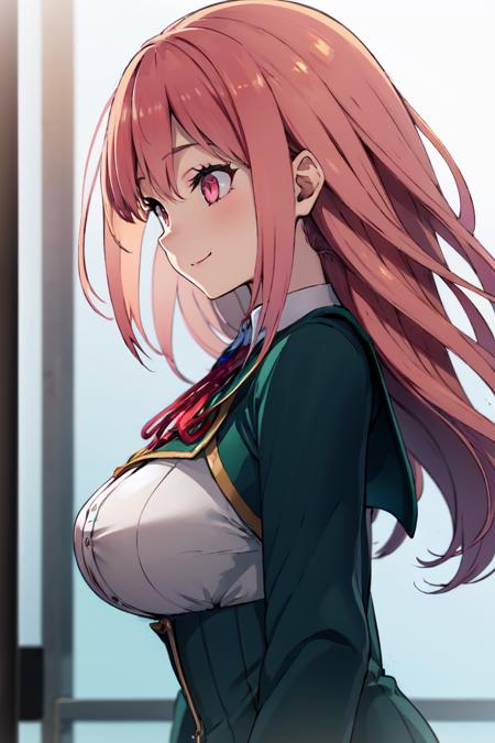 1girl, koichoco school uniform, green jacket,  large breasts,  breasts, pink hair, pink eyes,  smile , upper body  <lora:koichoco-v1:1> (from side:1.3)