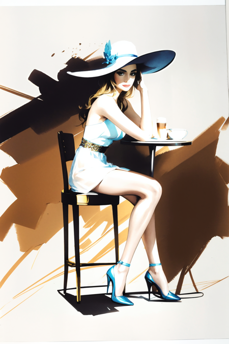 dufkova,
 illustration, super long legs, ink watercolor,1girl, solo, coffee, afternoon tea, chairs,bar stool, sitting, ornamental, long hair, tiffany blue, nikon yellow, UPS brown, hat, thighighs, high heels, shopping bags, see through, white background, lips, eyelashes, makeup, lipstick, eyeshadow, 2d, lineart,
<lora:petradufkova-02:1.35>