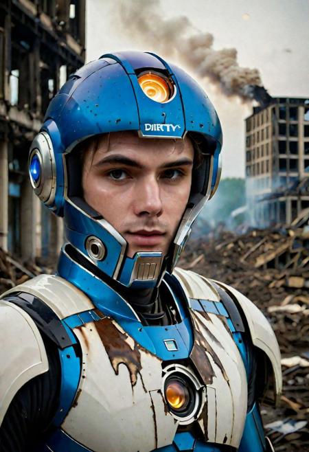 Portrait Photo of a blue gelatine megaman who is standing looking at how his city has been destroyed by a nuclear bomb. He has just arrived at the disaster and observes the horror of the destruction, ruined buildings full of smoke and flames, ground full of rubble with skeletons lying around In the dawn light floods the scene, the man is completely dressed in normal clothes and wet, he is dirty, everything is a disaster, the sky is cloudy and it is raining,(beautiful face:1.6), Fujifilm XT3,film still,film grain,cinematic,soldier accessories,war style, professional photo,best quality and best aesthetic,Award-winning artistic photos,Outdoors,public places,( detailed in background:1.6)Perfil,18-20 (dirty:1.8)
