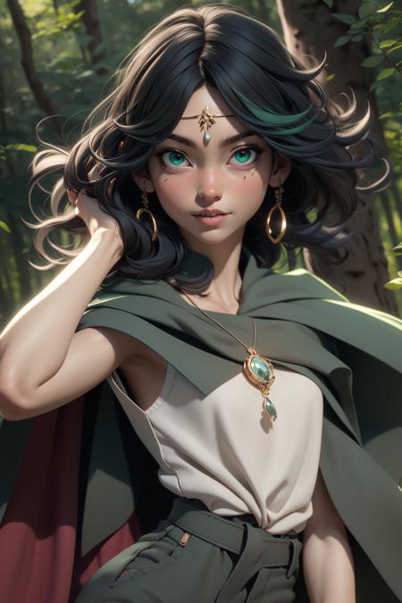 3dmm style,3d,(masterpiece, best quality:1.1), ghibli style, san \(mononoke hime\), 1girl, armlet, bangs, black hair, black undershirt, breasts, cape, circlet, earrings, facepaint, floating hair, forest, fur cape, green eyes, jewelry, looking at viewer, medium breasts, nature, necklace, outdoors, parted bangs, shirt, short hair, sleeveless, sleeveless shirt, solo, tooth necklace, tree, upper body, white shirt, masterpiece, best quality,