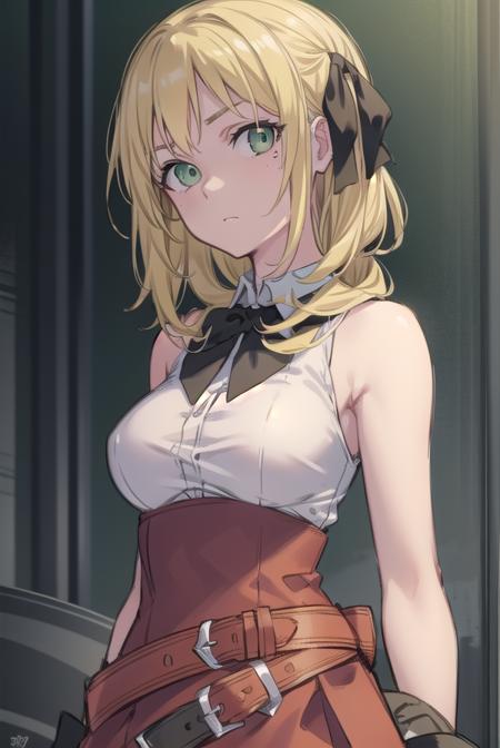 estellerosenthal, <lora:estellerosenthaltest:0.8>, estelle rosenthal, long hair, blonde hair, (green eyes:1.5), mole, mole under eye, black ribbon, black bow, hair ribbon,
BREAK skirt, shirt, thighhighs, gloves, bow, ribbon, bare shoulders, white shirt, sleeveless, belt, black thighhighs, miniskirt, bowtie, sleeveless shirt, red skirt, garter straps, red gloves, high-waist skirt, pink gloves,
BREAK looking at viewer,
BREAK outdoors, city,
BREAK <lora:GoodHands-vanilla:1>, (masterpiece:1.2), best quality, high resolution, unity 8k wallpaper, (illustration:0.8), (beautiful detailed eyes:1.6), extremely detailed face, perfect lighting, extremely detailed CG, (perfect hands, perfect anatomy),