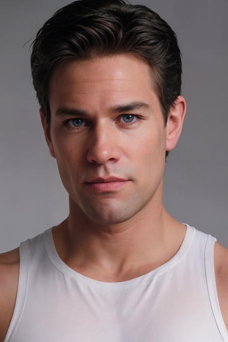 (closeup) professional photo of mike_branson <lora:mike_branson-08:0.75> wearing a fitted sleeveless white tank top, (dark navy:0.5) backdrop, soft diffused lighting, confident intense mood, looking at camera