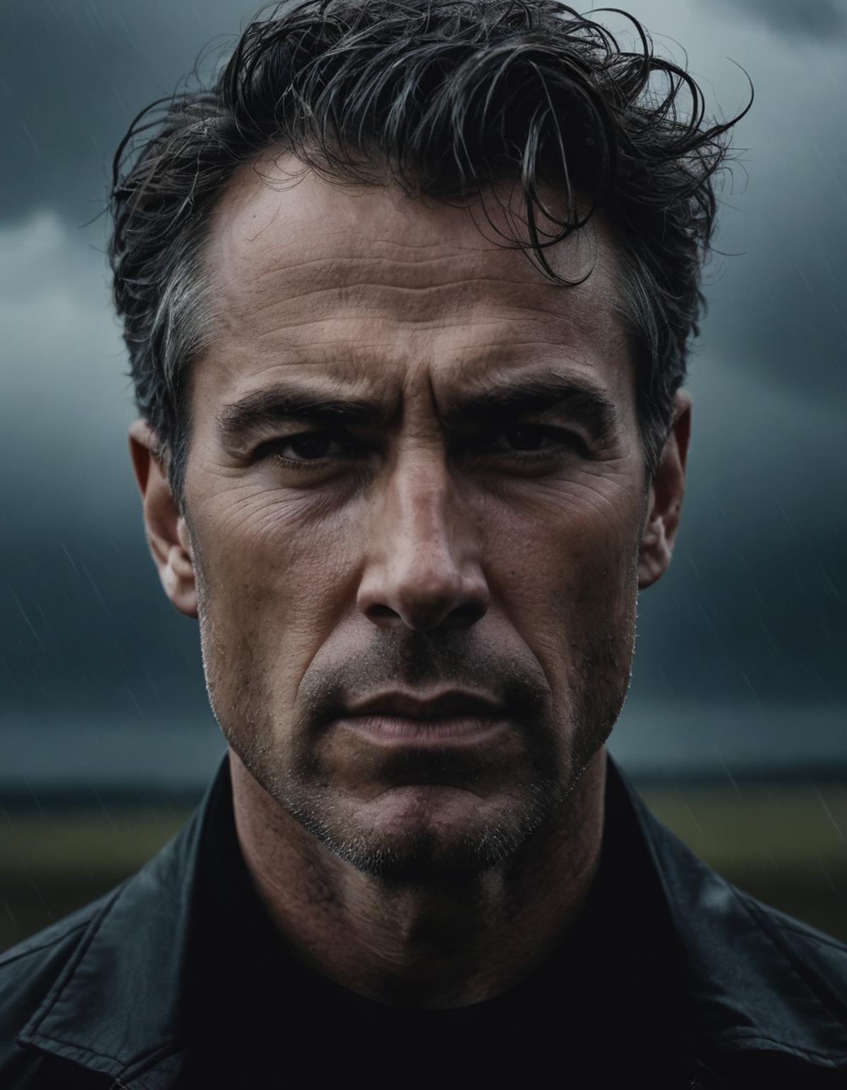 A man with a serious expression, wet hair, and a black leather jacket.
