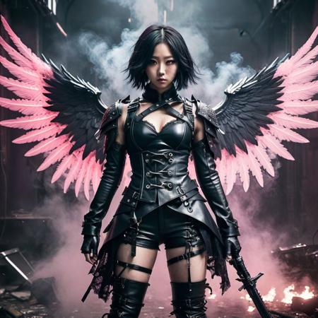 (K-pop idol name) as a dark anime anti-hero, (revealing battle outfit:1.3) with leather and lace, weapons, wings, defiant expression, smoky battlefield background, dramatic pose, desaturated color palette with pops of neon, harsh lighting, detailed textures