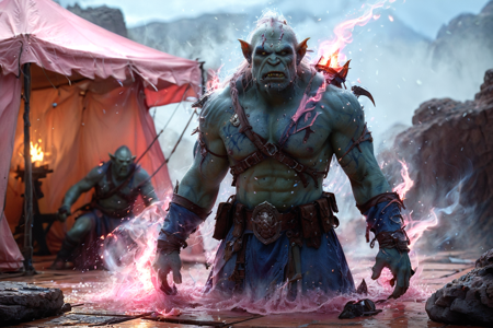 bioluminescent, an orc scavenger with green skin, wearing tattered clothes, searching through debris, solo, from the Stormfang Clan, with storm-blue war paint and lightning symbols, an orc desert canyon with red rock walls, sand dunes, scattered bones, detailed background, applying war paint, using a brush, sneaky, sly grin, environment focus, wide shot, a warship launch with orcs rowing, ship moving, water splashing, a crude wooden toy, nearby, on a tent floor, leather surface, humid, misty air, dewdrops on surfaces, warm atmosphere, dawn, soft pink and orange hues, early light, fresh air, best quality, vibrant colors, photorealistic style, high detail, high-definition, hyper-realistic, extremely high-resolution details, fine texture, incredibly lifelike, realistic, not cartoon, not drawing, highres, 4K resolution, source photo, realistic photo, masterpiece, best quality, amazing quality, very aesthetic, ultra-detailed, detailed textures, natural lighting, soft lighting, orc earth tones, greens, browns, grays, sunlight, bright natural glow, side profile shot, full body visible, <lora:Mystic_Lumina_r1-000007:0.9>