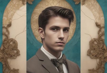 A surreal and artistic portrait of a man, designed in a collage style with a focus on classical architectural elements. The man's face ( front facing face ) is partially abstract, fragmented, and painted in muted yet striking shades of sepia, bronze, and teal, emphasizing a timeless aesthetic. Surrounding the face are intricate architectural motifs, including grand arches, ornate pillars, and stained glass windows with intricate patterns glowing softly. Subtle hints of vintage urban maps and textures are layered in the background, blending seamlessly with aged parchment and faint ink sketches of ancient cityscapes. Floral elements are minimal, limited to a few muted olive and gold ivy vines intertwined with the architecture. The composition is balanced with splashes of metallic gold and soft cream tones to add depth, with scattered ink splatters and delicate, hand-drawn filigree to enhance the classical theme. The background is textured with faint gradients, transitioning from soft cream to warm, earthy hues. The overall design conveys a sense of history, sophistication, and introspection.