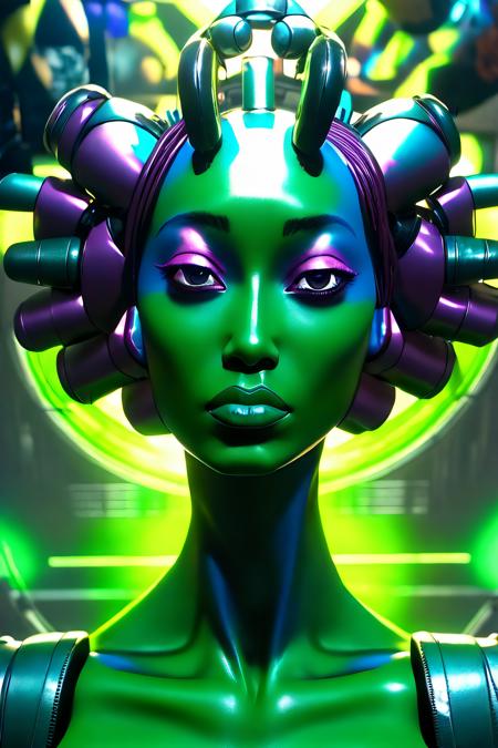 Green_Goddess, the woman is in an industrial environment while wearing purple and green, in the style of android jones, bryce 3d, afro-caribbean influence, cloudpunk, loish, chad knight, solapunk