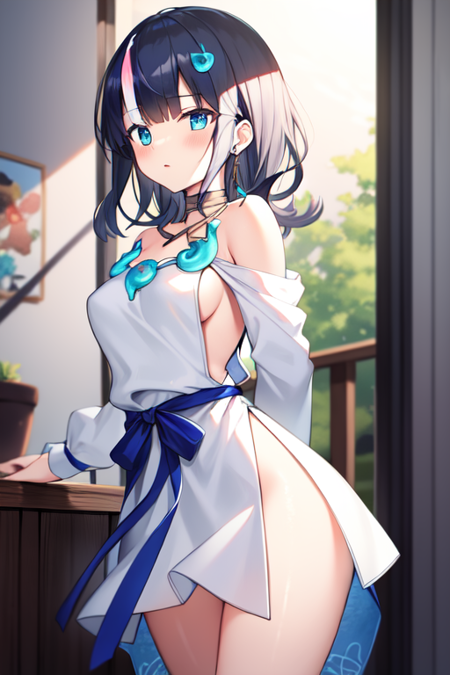 utsumiericeFA,long sleeves, bare shoulders, jewelry, puffy sleeves, necklace, white dress, streaked hair, short dress, blue ribbon, puffy long sleeves,magatama,
