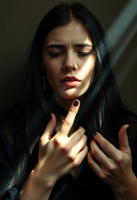 A realistic photo of a goth woman with huge brests pealing a finger nail off, looks in pain,ray of light