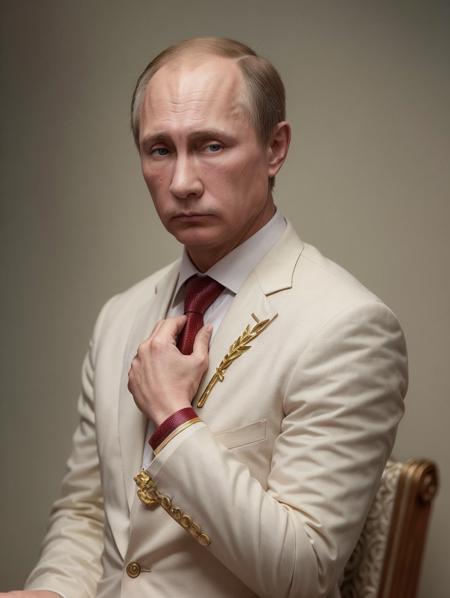 Best quality, masterpiece, ultra high res, (photorealistic:1.4), a man in suit, putintheking, strong body builder, detailed skin, cinematic lighting, the throne <lora:putintheking:0.7>