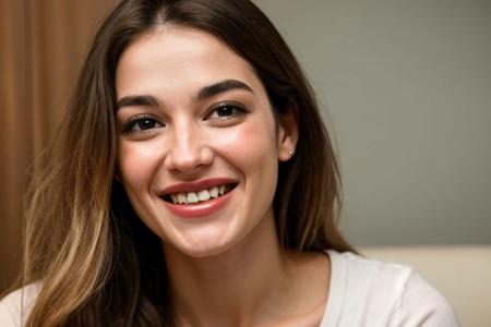 closeup of a face of a happy satisfeid woman with a thankful smile, sweaty, exhausted, post orgasmic