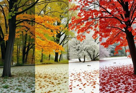 the four seasons blending in one, spring, summer, fall, winter, each season shows the most common thing in nature. detailed, beautiful
