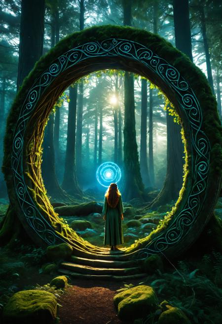 Dryad, ancient stone circle, glowing runes, forest twilight, magical energy spiraling around, bark and vine design, calm expression, surrounded by old trees, enchanted grove, high detail, cinematic composition, subtle lighting, ambient glow, mystical vibe, intricate forest textures