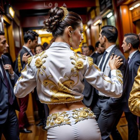 (medium shot), from front, front view,  an elegant  woman wearing blue traje de luces  with gold floral design,  hair in bun, tie, dancing with a man  in a dark  crowded Madrid nightclub,  dynamic pose, action pose,  perspective, foreshortening, depth of field, big breasts, small waist, tight clothes, , tr4j3  <lora:tr4j3_v2:1> <lora:ClothingAdjuster3-0.5>