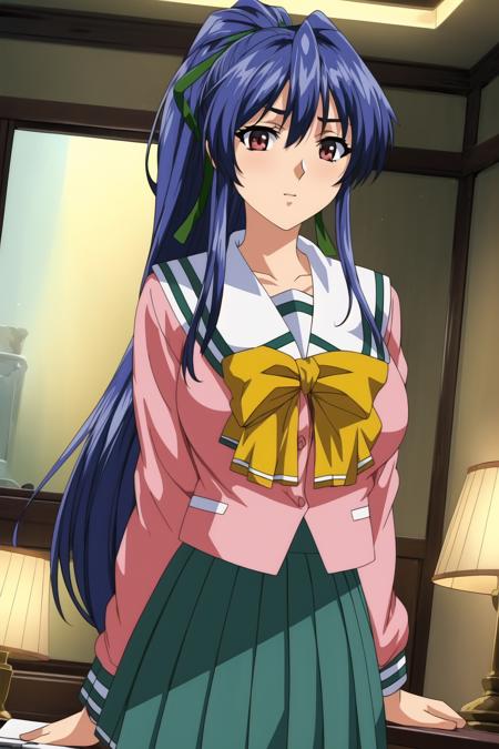 (Night:1.7), a desk with a laptop computer in front of her and a lamp on the side,room, indoors,
sitting at attention,
(pink_jacket:1.2),(Green_pleated skirt:1.3),(sailor_collar), school_uniform, serafuku,long_sleeves,(Yellow_bowtie),
<lora:more_details:0.3>,<lora:Takabe_Eri_Shusaku-KK77-V2:0.7>,
Blue hair,bangs,high ponytail, green hair ribbon,red eyes,
1 girl, 20yo,Young female,Beautiful Finger,Beautiful long legs,Beautiful body,Beautiful Nose,Beautiful character design, perfect eyes, perfect face,expressive eyes,
looking at viewer, in the center of the image,(Upper_body),(Focus on her face),
official art,extremely detailed CG unity 8k wallpaper, perfect lighting,Colorful, Bright_Front_face_Lighting,shiny skin,
(masterpiece:1.0),(best_quality:1.0), ultra high res,4K,ultra-detailed,
photography, 8K, HDR, highres, absurdres:1.2, Kodak portra 400, film grain, blurry background, bokeh:1.2, lens flare, (vibrant_color:1.2)
(Beautiful,large_Breasts:1.3), (beautiful_face:1.5),(narrow_waist),