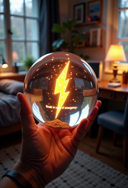 Create a high-quality, hyper-realistic, and extremely detailed image of a glass orb held by a hand in a bedroom. Inside the orb, a glowing thunderbolt emoji symbol is floating, emitting a vibrant, pulsating light. The phrase "Break in case of emergency" is clearly displayed under the emoji within the orb. The glass orb is perfectly clear, with subtle reflections and refractions that enhance the realism of the scene. The bedroom is cozy and well-lit, with a wooden desk, a soft rug, and a few personal items like books and a lamp. The image is slightly zoomed out to showcase the entire sphere, creating a serene and intriguing atmosphere. The lighting is soft and natural, with the desk lamp casting gentle shadows and highlights, making the scene feel both magical and realistic.