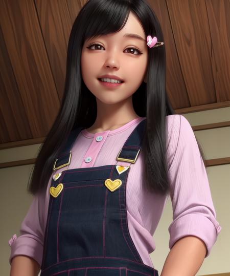 Rika,black hair,brown eyes,heart hairclip,long hair,
pink shirt,blue overalls,
smile,looking at viewer,from below,
standing,upper body,
indoors,jananese home,
(insanely detailed, beautiful detailed face, masterpiece, best quality),solo,<lora:Rika:0.8>,