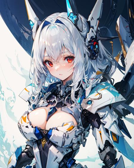 masterpiece,1girl,mecha musume, mechanical arms, headgear, <lora:A-MechaMusume[mecha musume, mechanical arms, headgear][bodysuit]:1>,white_hair,cleavage,red eyes,