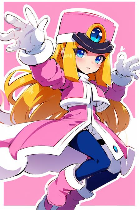 Prairie_MM,  shako cap,  blonde hair,  low-tied_long_hair,  sidelocks,  blue eyes,  long_coat,  puffy sleeves,  pink cropped jacket,  framed_breasts,  white gloves,  bodystocking,  Body suit,  skin_tight,  cowboy_shot,  black_legwear,  pink footwear, <lora:EMS-55621-EMS:0.700000>