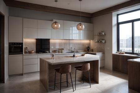 interior,a kitchen with a table and chairs and a wine rack in the middle of the room with a window,Dahlov Ipcar,vray render,a 3D render,photorealism,food,indoors,no humans,window,chair,table,plant,scenery,plate,shelf,kitchen,frying pan,sink,stove,Dive into the ultra-detailed 8k masterpiece,carefully crafted with photorealistic precision of 1.37 ratio,all in the essence of Nayuta Nordic Modern Interior Design. Art form: Photography. Inspired by the techniques of Annie Leibovitz,the kitchen showcases professional lighting,a scenery where the play of radiosity brightens the room. A stove with a frying pan,a gleaming refrigerator beside tiles and cabinet,a sink with a faucet overlooking a tile wall. On the shelf,there's a spatula,a chair nearby with a plant and some food in a jar. Lens:35mm. The room basks in a warm color temperature. Perfectly illuminated with ray tracing and the best shadows using physically-based rendering,<lora:add_detail:0.5>,<lora:more_details:0.5>,