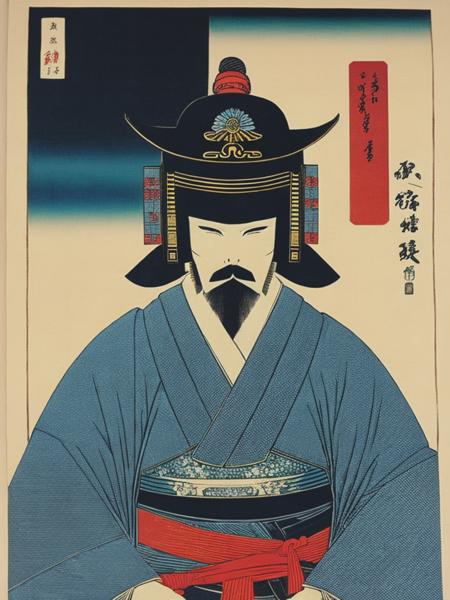 <lyco:Ukiyo-eArt:1.0> front facing edo period japanese samurai with decorative kabuto helmet and full armour, closeup of head and shoulders, Japanese ukiyoe woodblock print, traditional japanese iconography, kuniyoshi style, woodblock print by yoshitosh