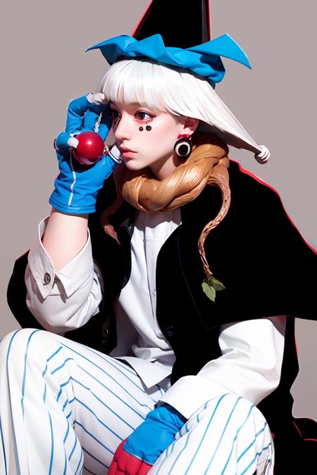 1boy,white hair,hat,cape,white shirt,triped pants,earrings, gloves,