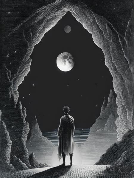 <lora:GustaveDor:1>a black and white illustration of a man standing in a cave looking at the moon by Gustave Dor