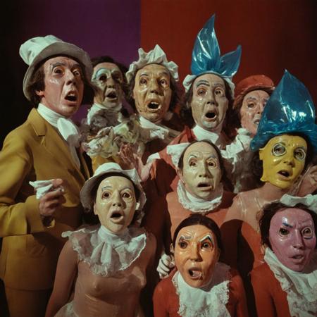 a surreal and movie still close-up-shot, a 1970s Sao Paulo Brazil Theater of the Absurd movement, featuring distorted and exaggerated characters, wearing stretched plastic polymer masks, in a bizarre and hallucinogenic theatre set, with vibrant and contrasting colors, dynamic composition, dramatic surreal theatrical lighting, Leica M3, 50mm lens