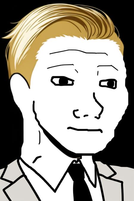 <lora:wojak:.9>, wojak, masterpiece, best quality, 1boy, necktie, red necktie, male focus, solo, formal, suit, black background, shirt, white shirt, collared shirt, black jacket, jacket, realistic, simple background, closed mouth, short hair, upper body, blonde hair, black suit