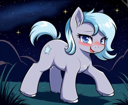 <lora:70_CutePony:0.5> , feral pony, Derpibooru_p_95, (small:1.1) cute, tail, fur, hooves, (small body:1.2), (blush:1.1), open smile, safe, grey purple skin, long wavy light blue hair, glowing eyes,
from below, starry sky, night grass background, (vector:0.8) (detailed:0.6)