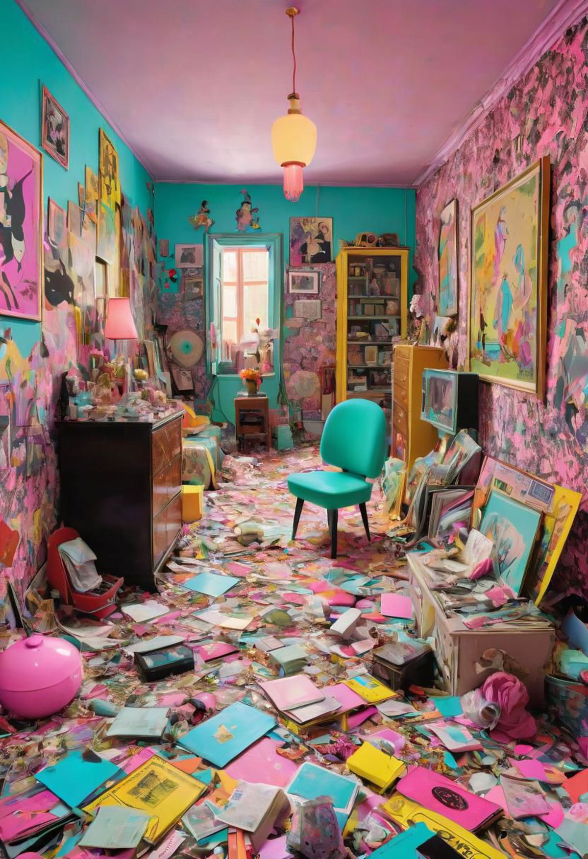 Messy Pink Room with a Chair, Bookcase, and Lamps