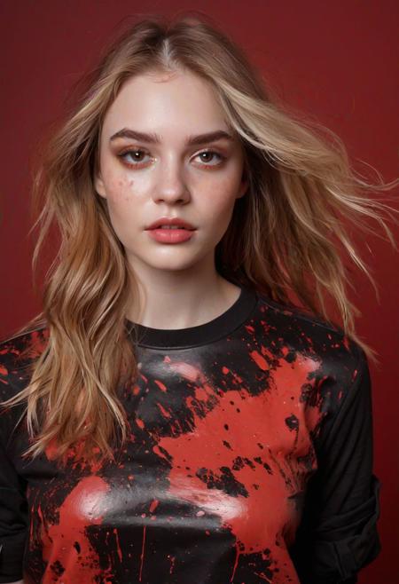 An image of a poised young woman with fair skin and warm undertones. Her facial features are defined by expertly applied makeup, with full lips and large hazel eyes highlighted with eyeliner and mascara. Her eyebrows are neatly shaped, adding to her expressive gaze. Her chestnut hair falls in loose waves. She wears a black shirt with a bold red paint splatter pattern, lending an artistic vibe to her look. A gold cuff bracelet adorns her wrist, complementing her shirt. The ambiance reflects a blend of casual elegance and a modern artistic touch.