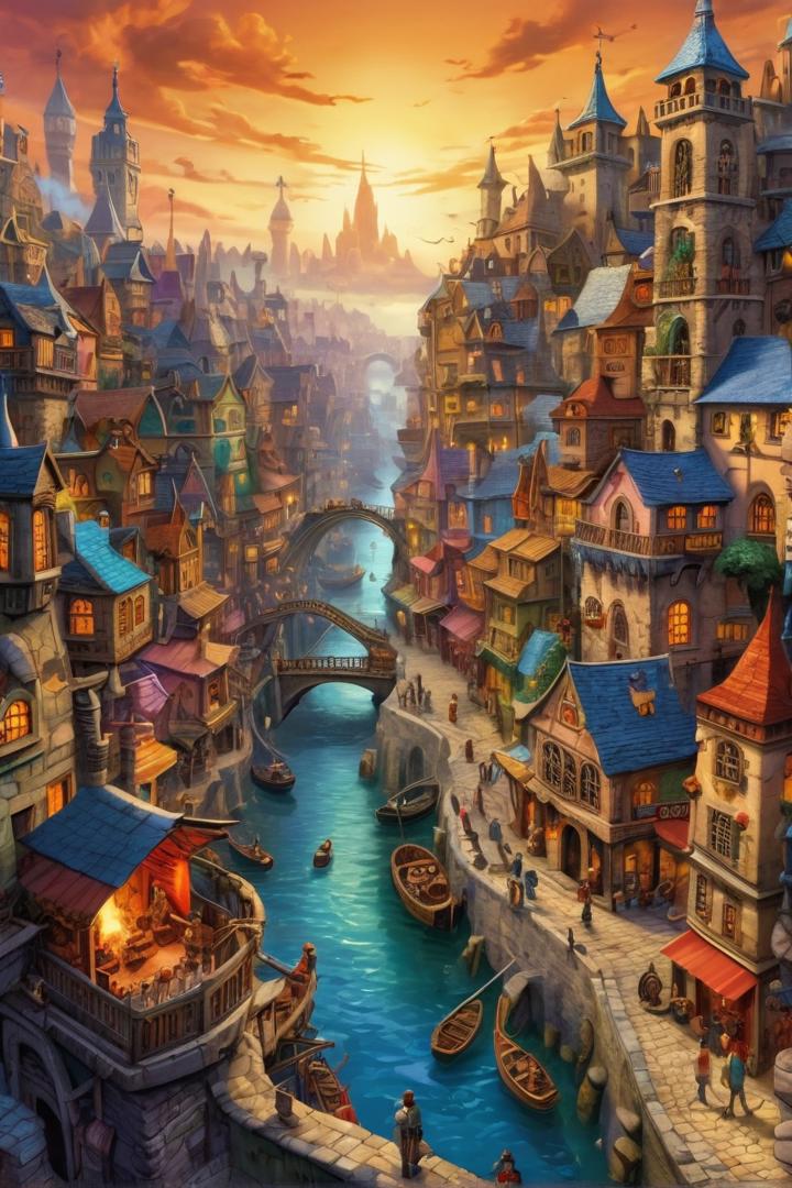 A vibrant and colorful scene of Ankh-Morpork, the bustling metropolis of the Discworld. absurd caricature, sexy,