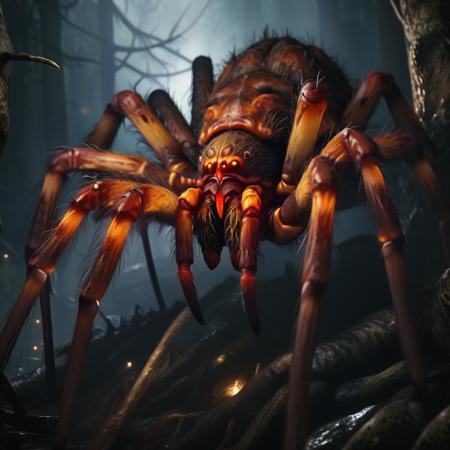 highly detailed documentary photo of giant spider:1.3,

 ((hairy body)), ((orange body)), ((glowing eyes)),  ((red eyes)), ((close-up)), blurry, dark forest, night,

masterpiece, best quality:1.1, 

ultra photoreal, photorealistic:1.0, sharp focus:1.1, 
depth of field:1.1, 

50mm, style of Nathan Wirth, Hasselblad X1D II, Porta 160,
