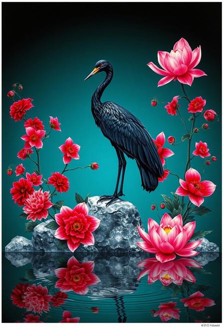 A surrealist art poster presents a solitary black crane perched on silver rocks. The background is a dark teal gradient shifting to jet black. Around the crane bloom deep red dahlias, clusters of pink orchids, and a glowing lotus. Each element glistens with a metallic edge. Reflections ripple in a glassy surface below.,bfoadh, , grainy film texture, raw amateur aesthetic, 2000s nostalgia <lora:Touch_of_Realism_SDXL_V2:0.6> touch-of-realismV2